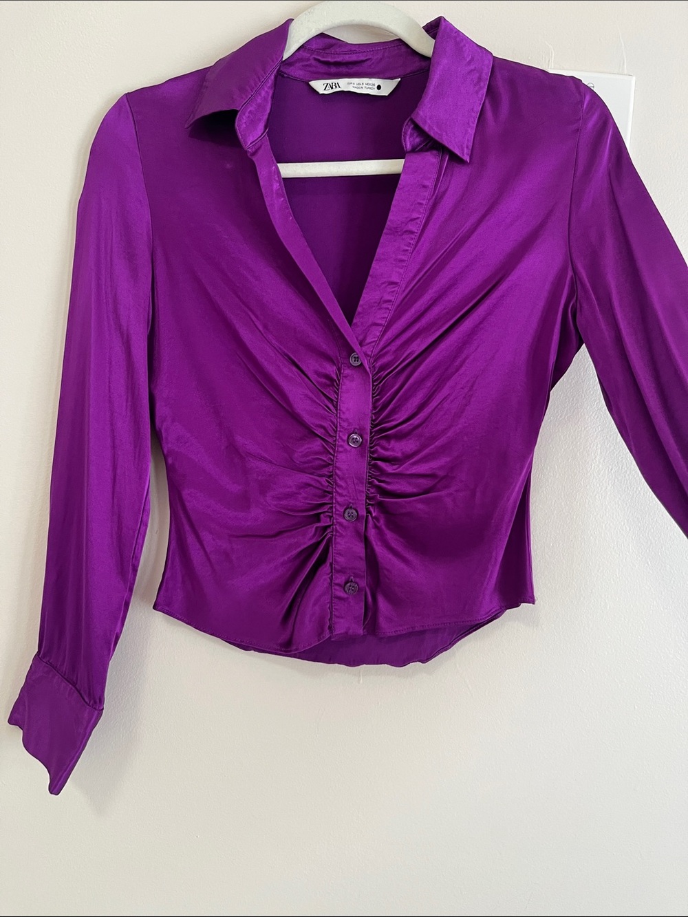 Zara Vivid Purple Satin Ruched Button-Down Shirt